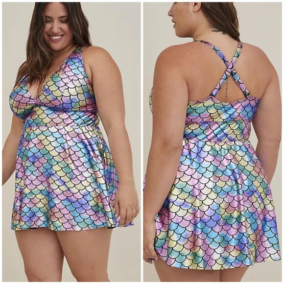 Torrid NWT Mid Length Swim Dress Mermaid Size 2X Metallic Shimmer Rainbow V-Neck - Picture 1 of 5